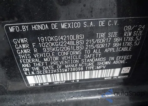 2025 Honda Hr-V Awd Lx z USA, uszkodzony, nr VIN 3CZRZ2H33SM738098